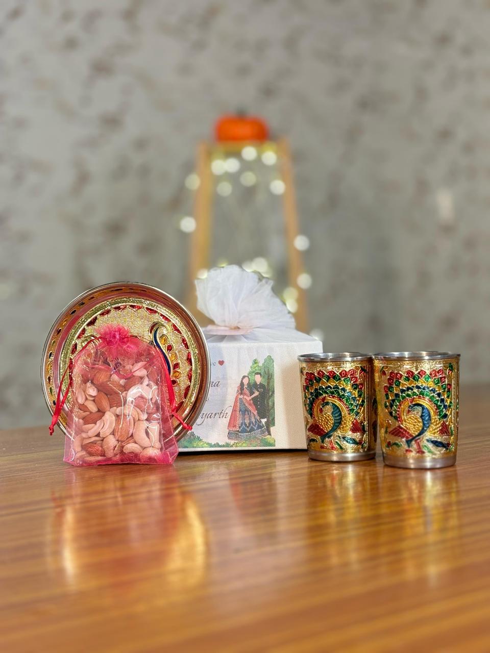 Meenakari Glass & Plate with Nuts Pouch Return Gift | Decorative Traditional Set | Wedding & Festive Favor Under ₹500