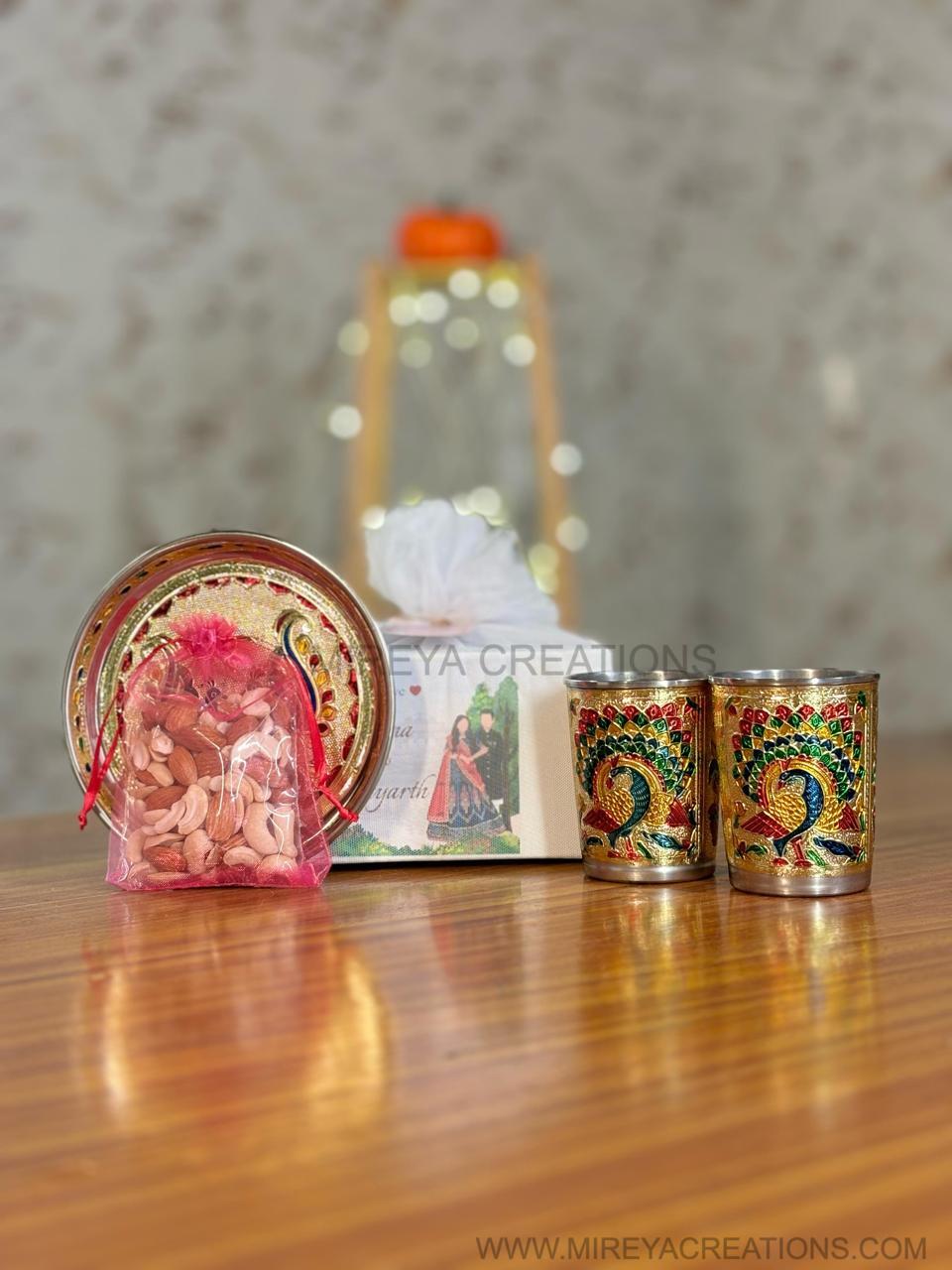 Meenakari Glass & Plate with Nuts Pouch Return Gift | Decorative Traditional Set | Wedding & Festive Favor Under ₹500