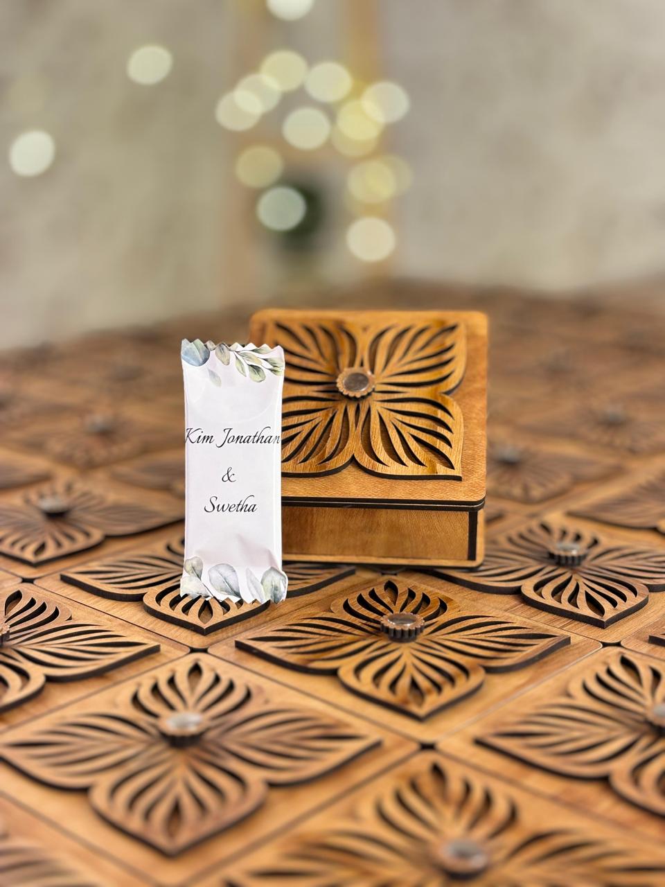 Handcrafted Wooden Box Return Gift with Customized Chocolate - Premium Wedding Favor