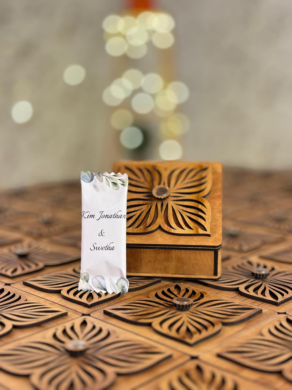 Handcrafted Wooden Box Return Gift with Customized Chocolate - Premium Wedding Favor