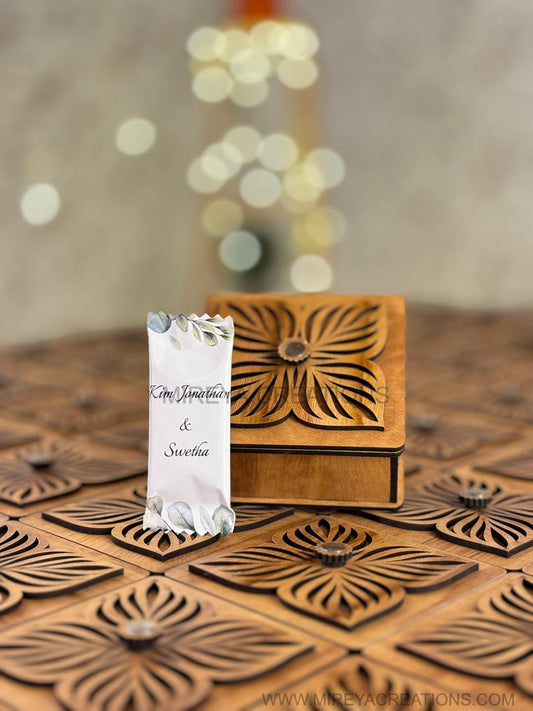 Handcrafted Wooden Box Return Gift with Customized Chocolate - Premium Wedding Favor