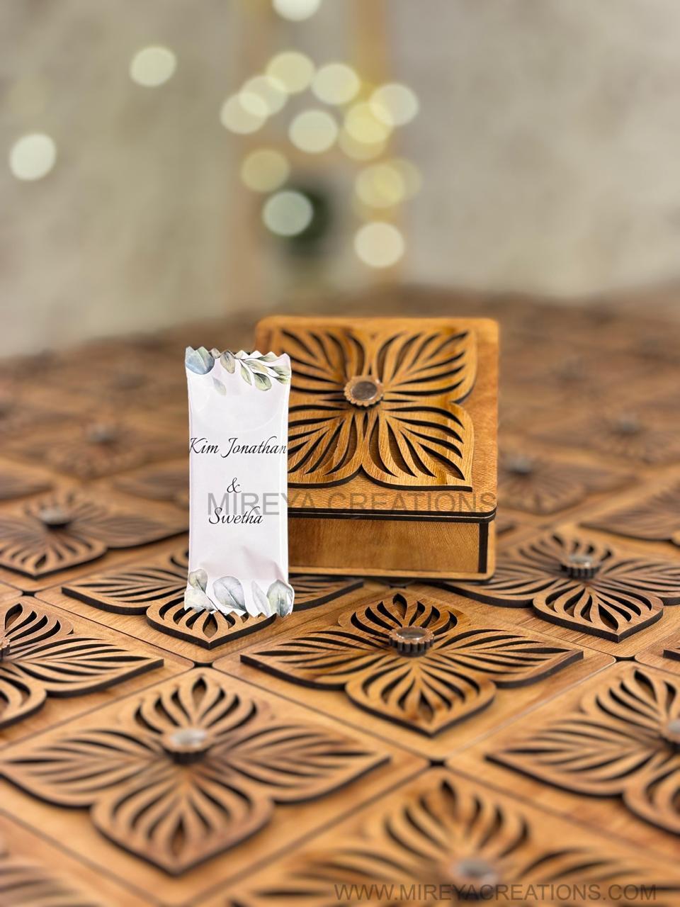 Handcrafted Wooden Box Return Gift with Customized Chocolate - Premium Wedding Favor