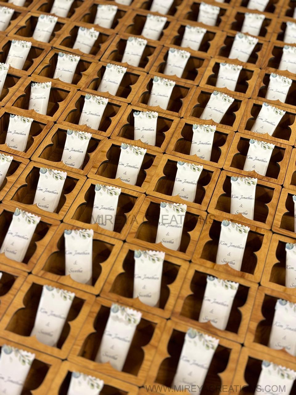 Handcrafted Wooden Box Return Gift with Customized Chocolate - Premium Wedding Favor