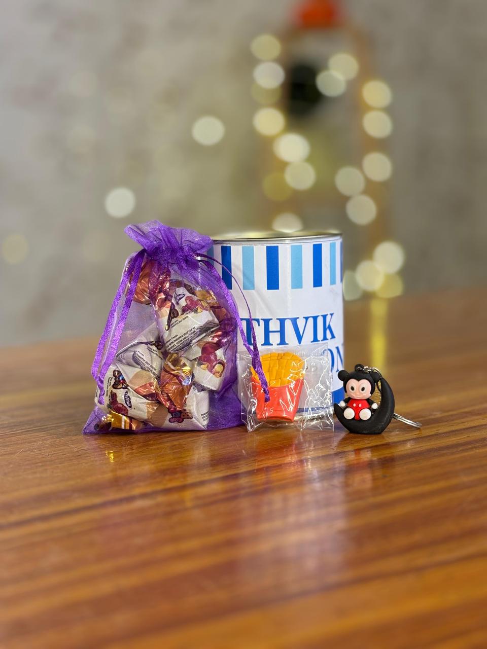 Paper Tin + Pouch of Chocolates + Keychain + Eraser | Value Combo Return Gift | Kids Party & School Event Favor