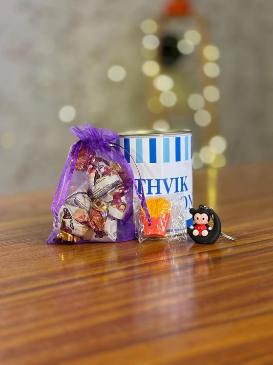 Paper Tin + Pouch of Chocolates + Keychain + Eraser | Value Combo Return Gift | Kids Party & School Event Favor