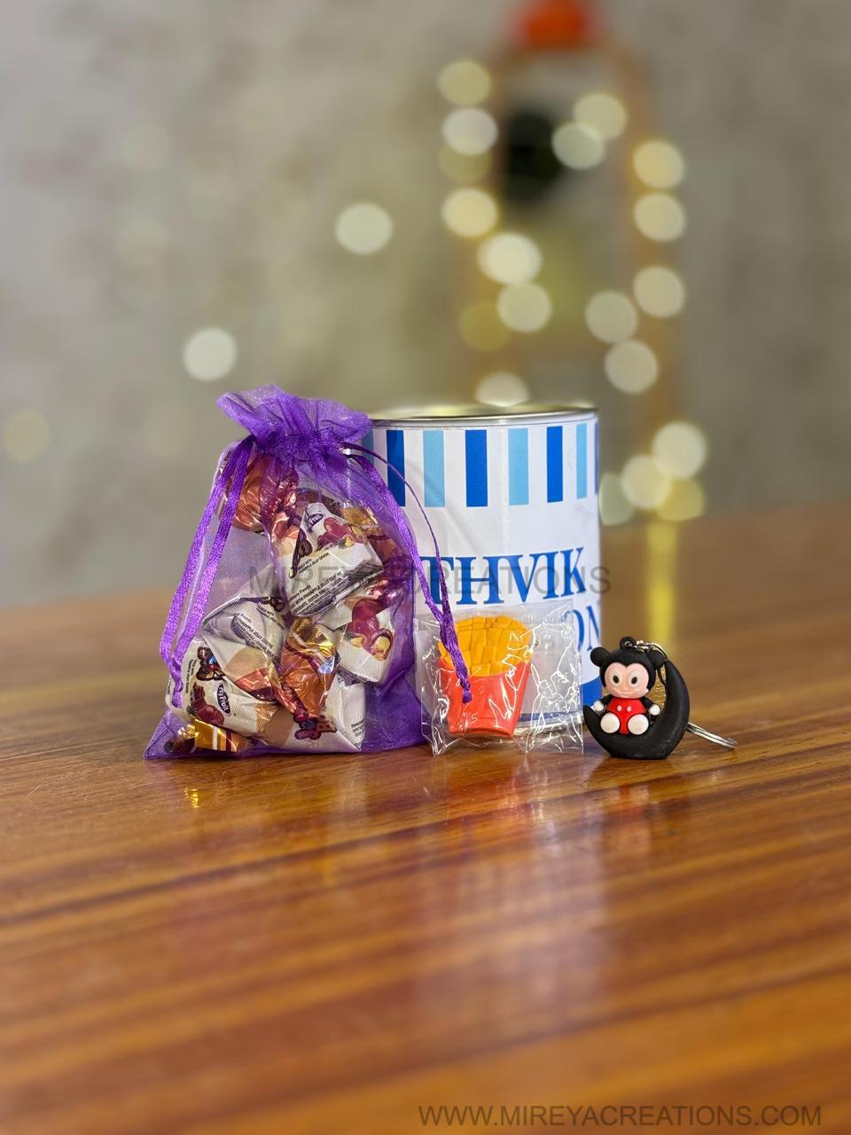 Paper Tin + Pouch of Chocolates + Keychain + Eraser | Value Combo Return Gift | Kids Party & School Event Favor