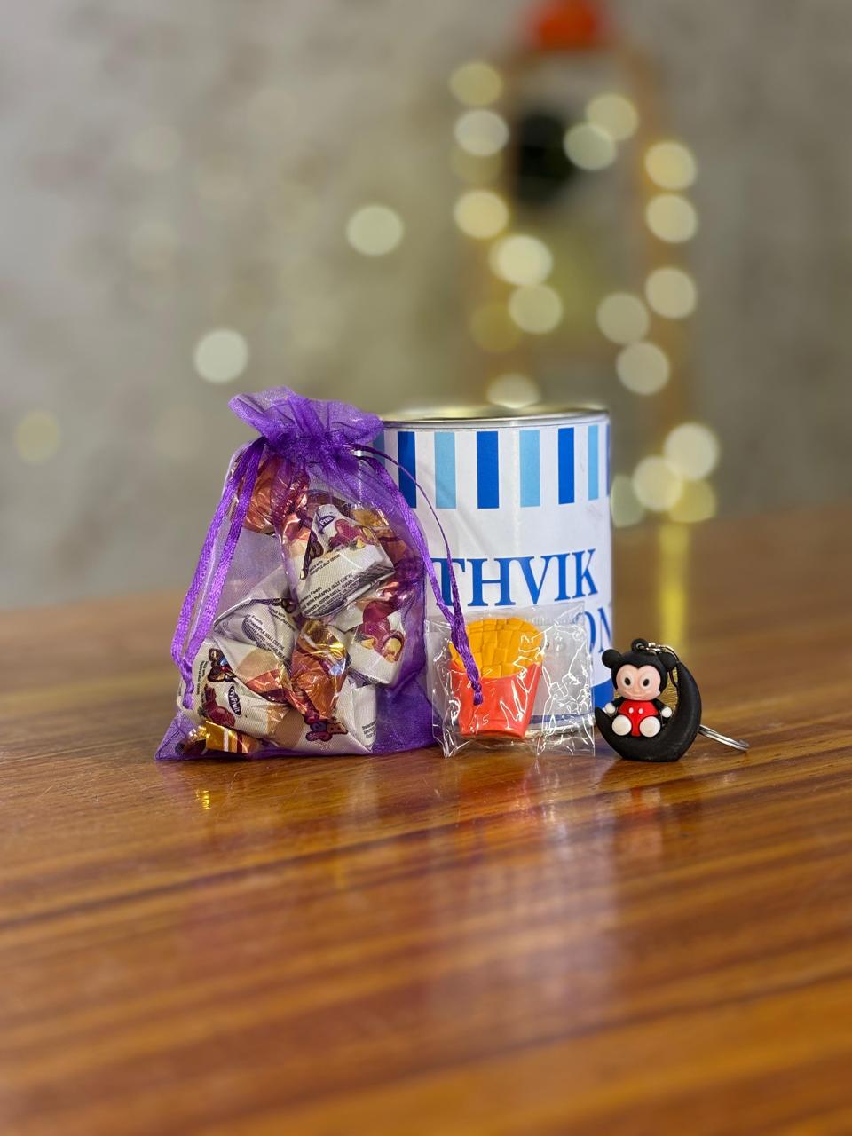 Paper Tin + Pouch of Chocolates + Keychain + Eraser | Value Combo Return Gift | Kids Party & School Event Favor
