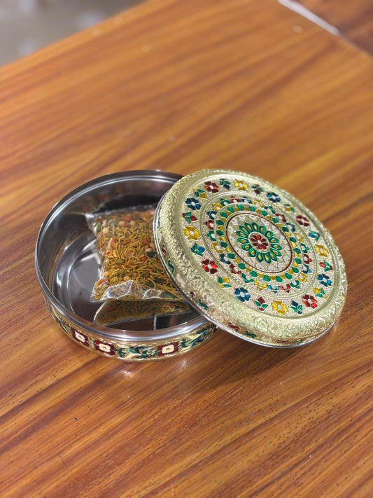 8 Inch Meenakari Box with Mixture Return Gift | Traditional Meenakari Gift Box With Namkeen Mix | Wedding & Puja Favor Under ₹500