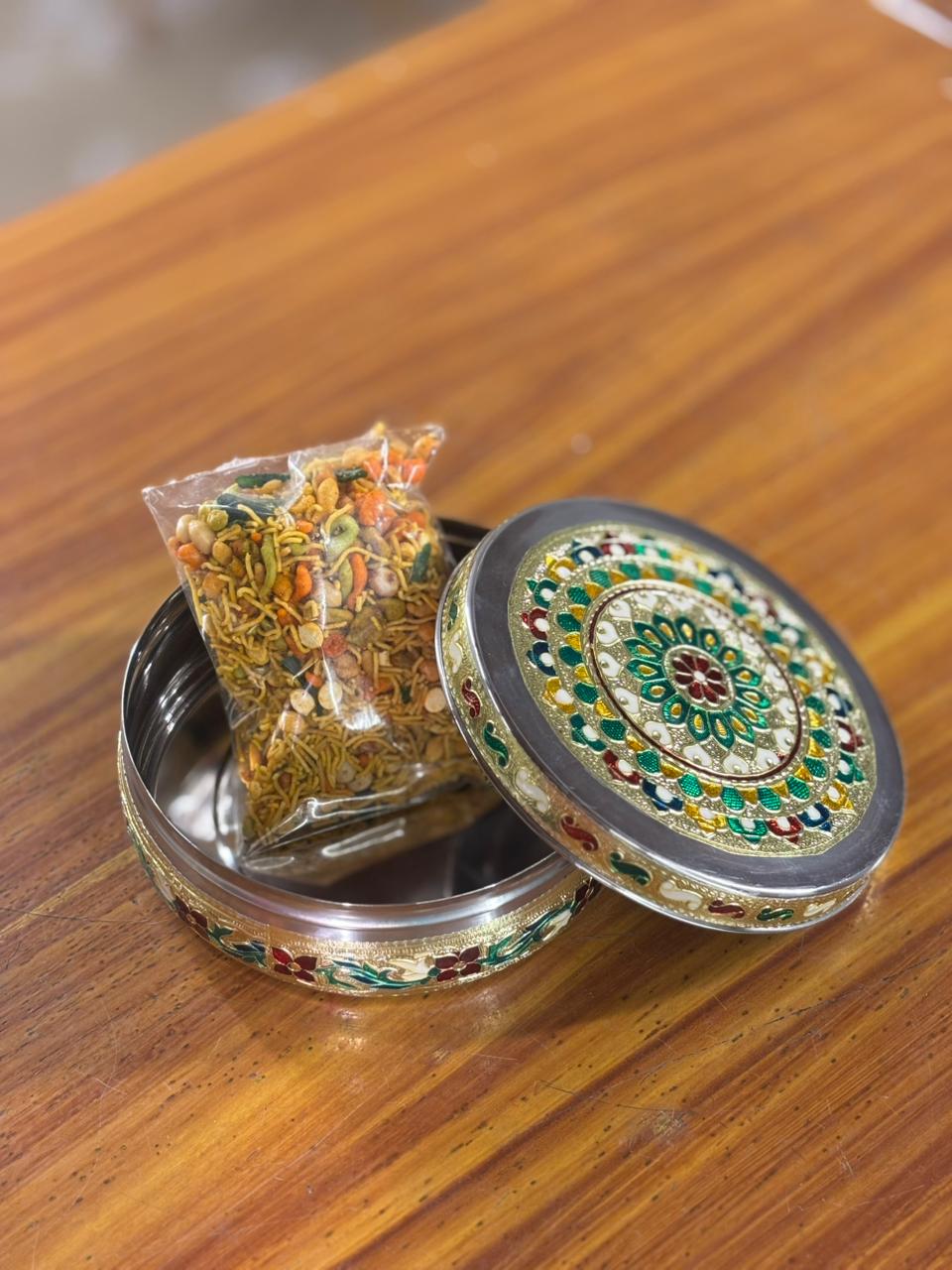 6 Inch Meenakari Box with Mixture Return Gift | Traditional Meenakari Box With Savory Mix | Wedding & Puja Favor Under ₹500