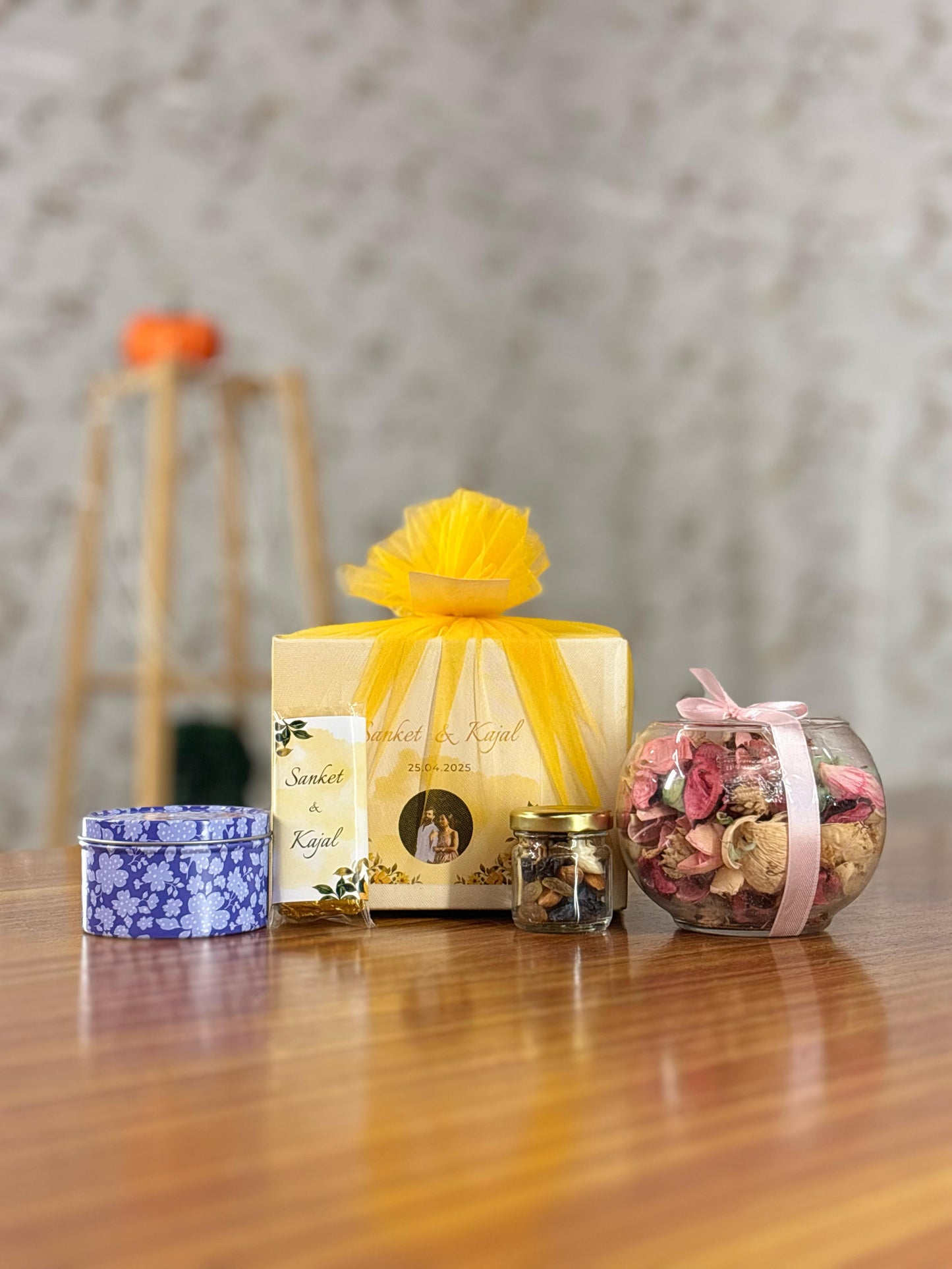 Printed Tin Candle, Potpourri Bowl, Nuts Jar & Customised Chocolate Bar | Premium Scented Candle Set | Wedding & Party Favor Under ₹600