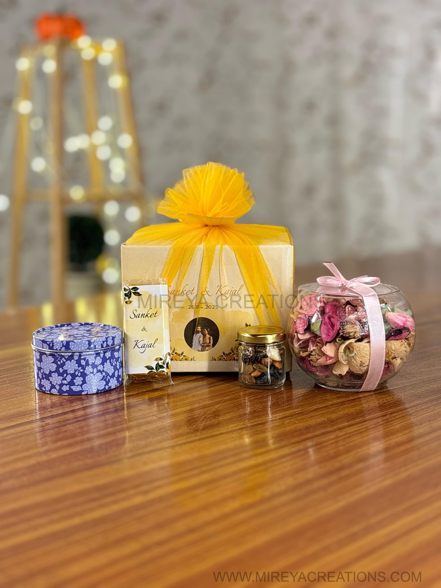 Printed Tin Candle, Potpourri Bowl, Nuts Jar & Customised Chocolate Bar | Premium Scented Candle Set | Wedding & Party Favor Under ₹600