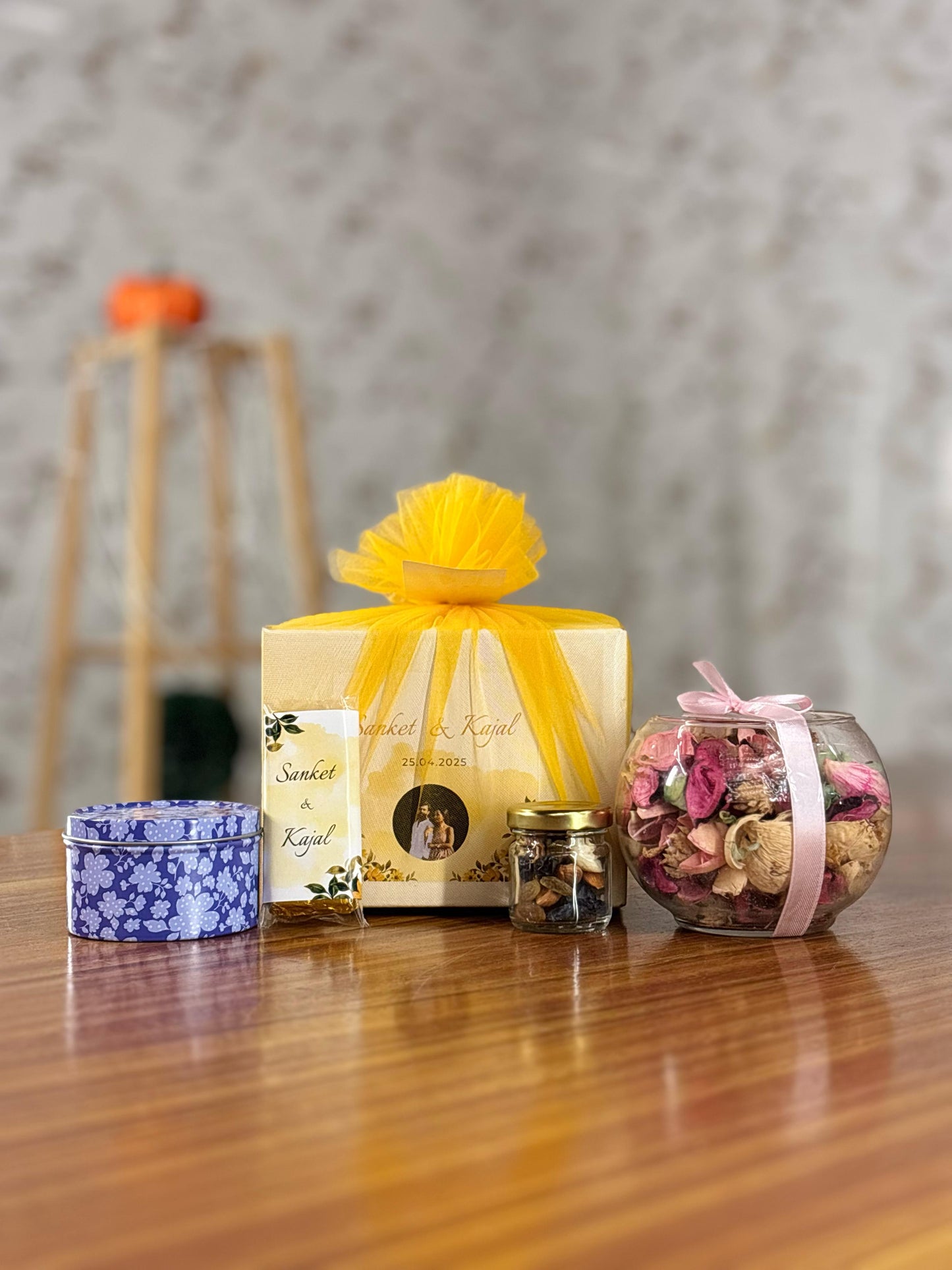 Printed Tin Candle, Potpourri Bowl, Nuts Jar & Customised Chocolate Bar | Premium Scented Candle Set | Wedding & Party Favor Under ₹600