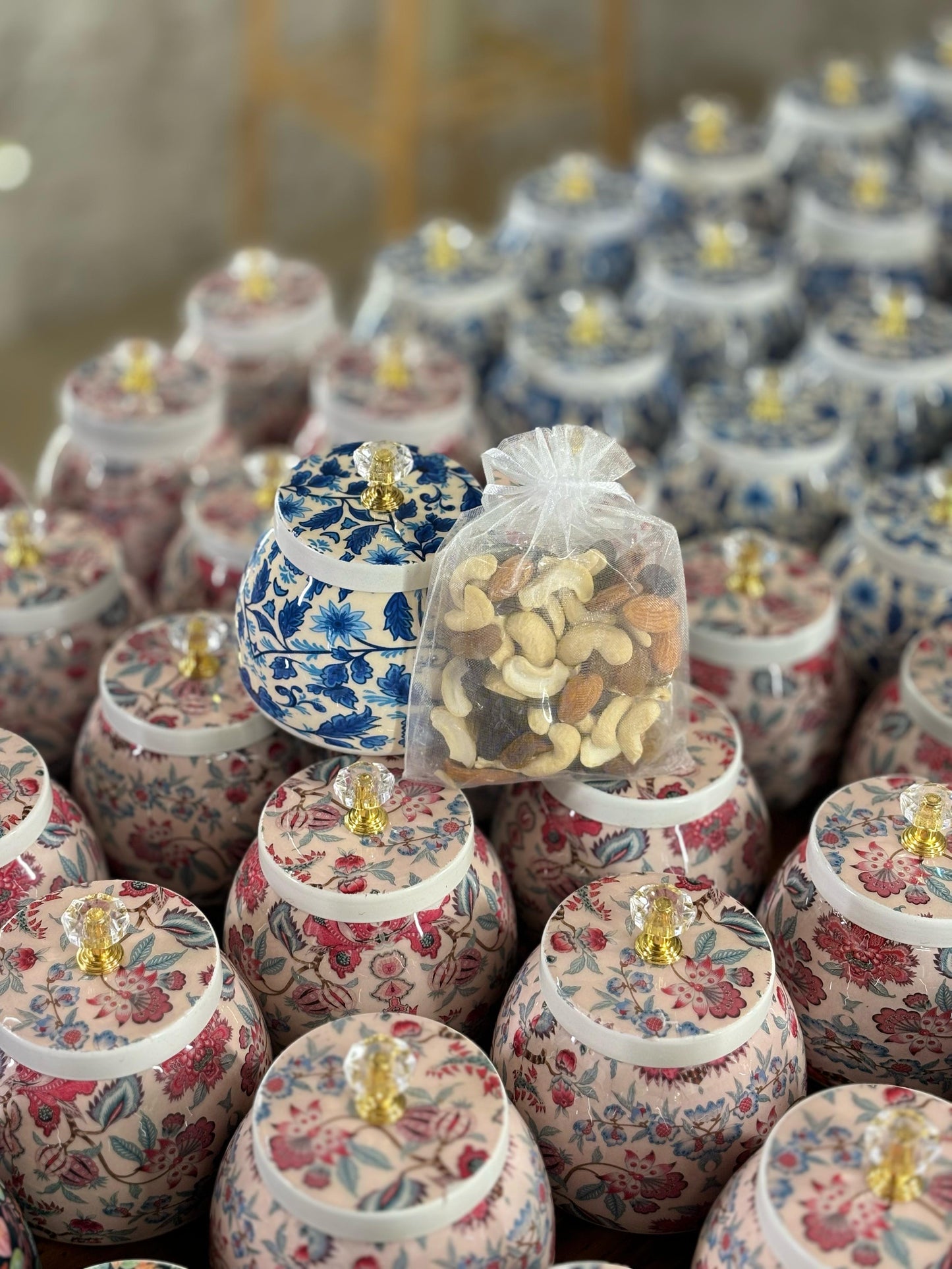 Printed Cone Jar Return Gift | Decorative Jar With Nuts | Wedding & Festive Favor Under ₹500