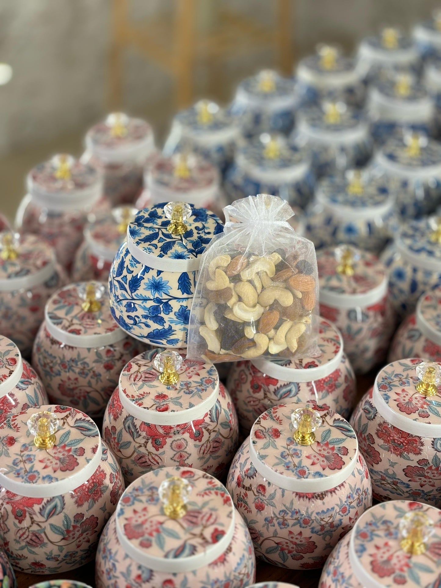 Printed Cone Jar Return Gift | Decorative Jar With Nuts | Wedding & Festive Favor Under ₹500