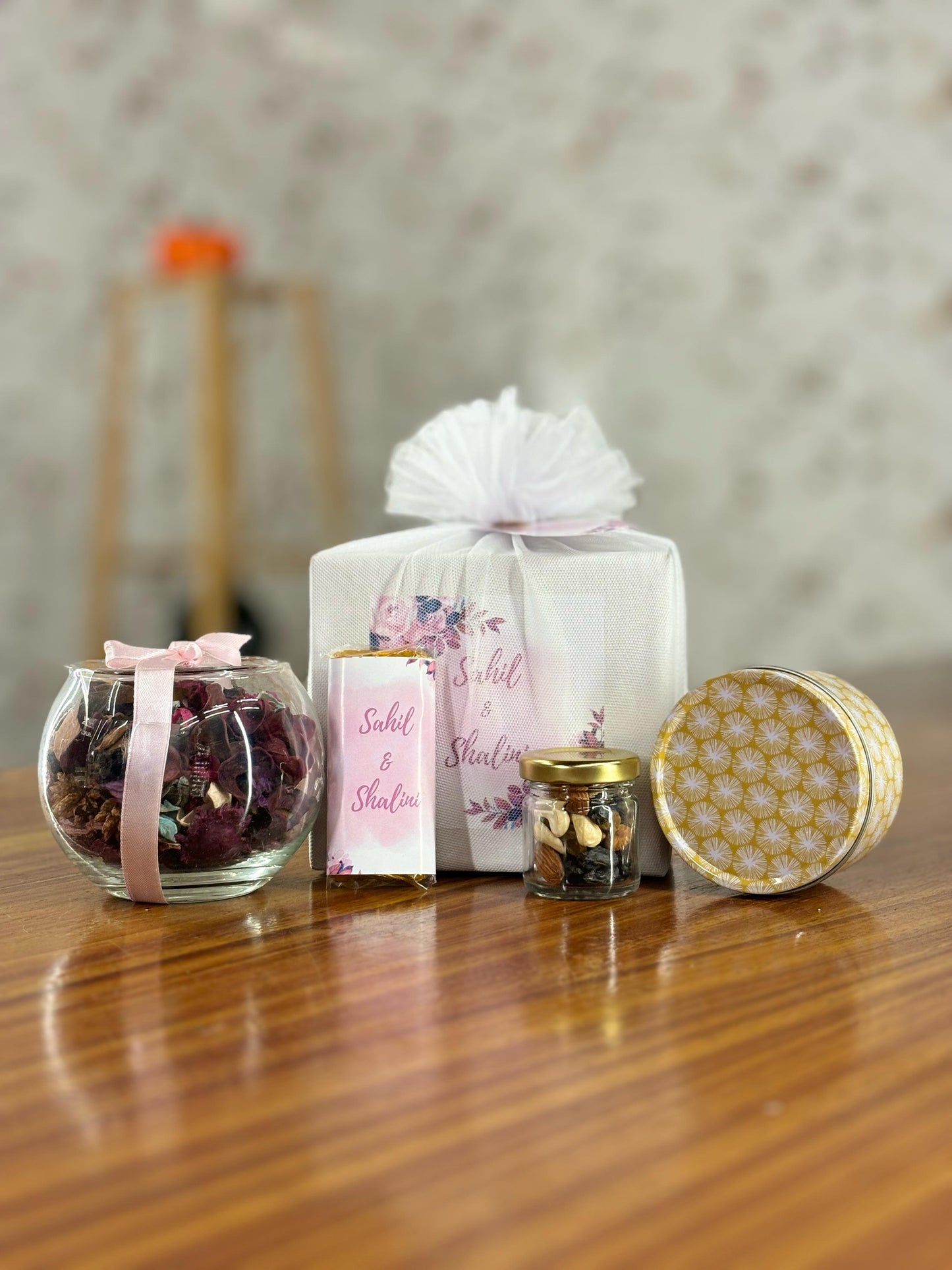 Printed Tin Candle, Potpourri Bowl, Nuts Jar & Customised Chocolate Bar | Premium Scented Candle Set | Wedding & Party Favor Under ₹600