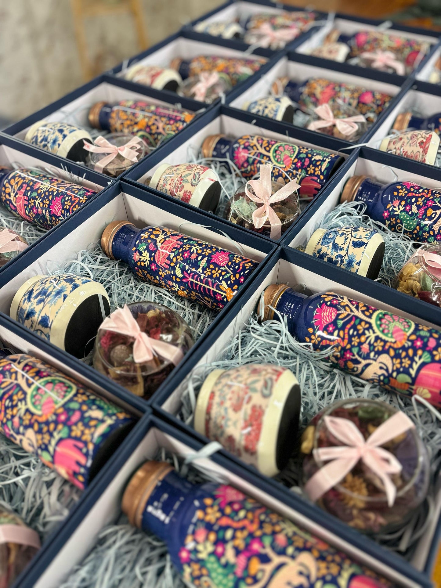 Printed Copper Bottle Gift Set Return Gift | Cone Jar & Potpourri Bowl Combo | Wedding & Housewarming Favor Under ₹1200