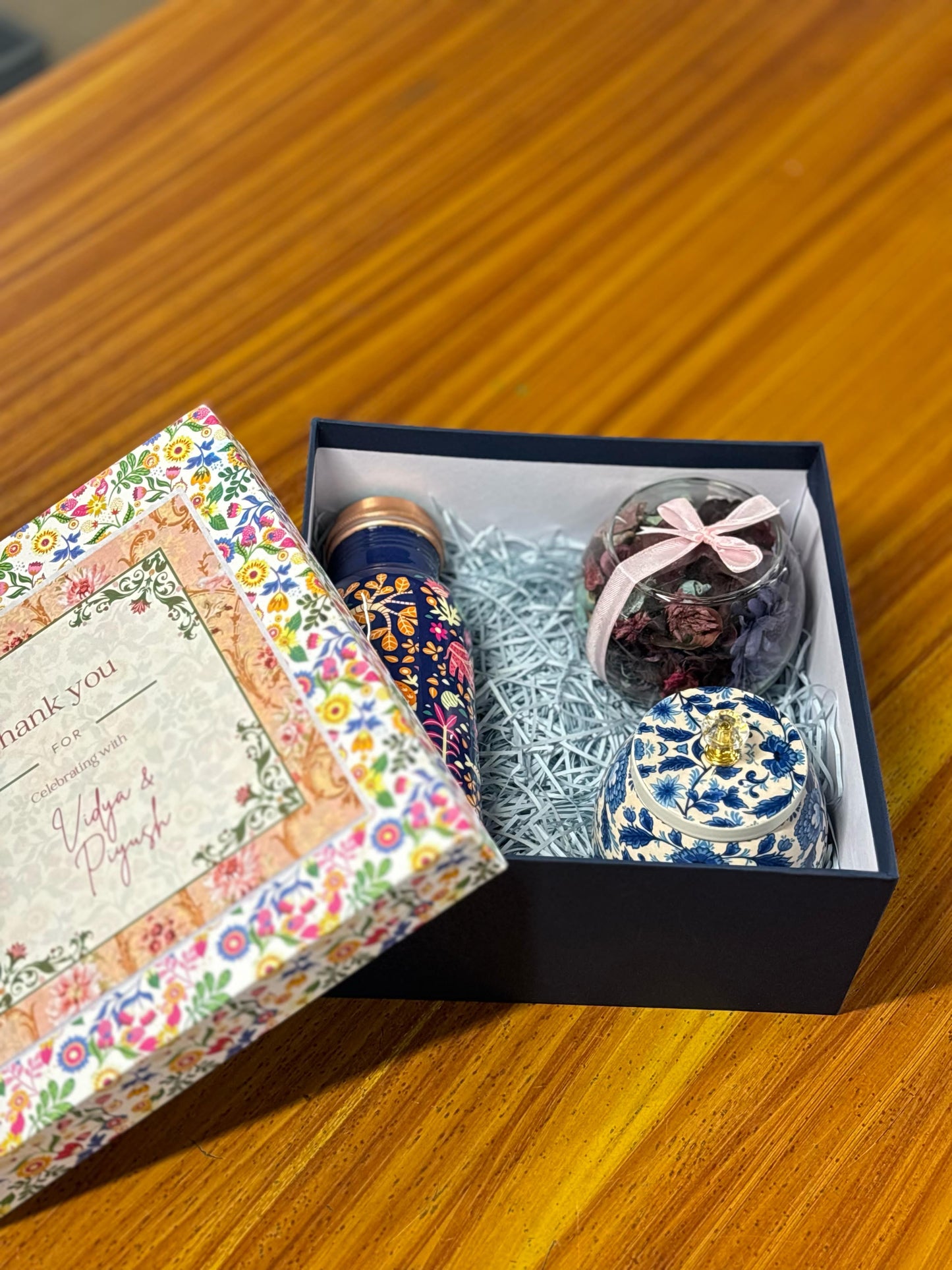 Printed Copper Bottle Gift Set Return Gift | Cone Jar & Potpourri Bowl Combo | Wedding & Housewarming Favor Under ₹1200