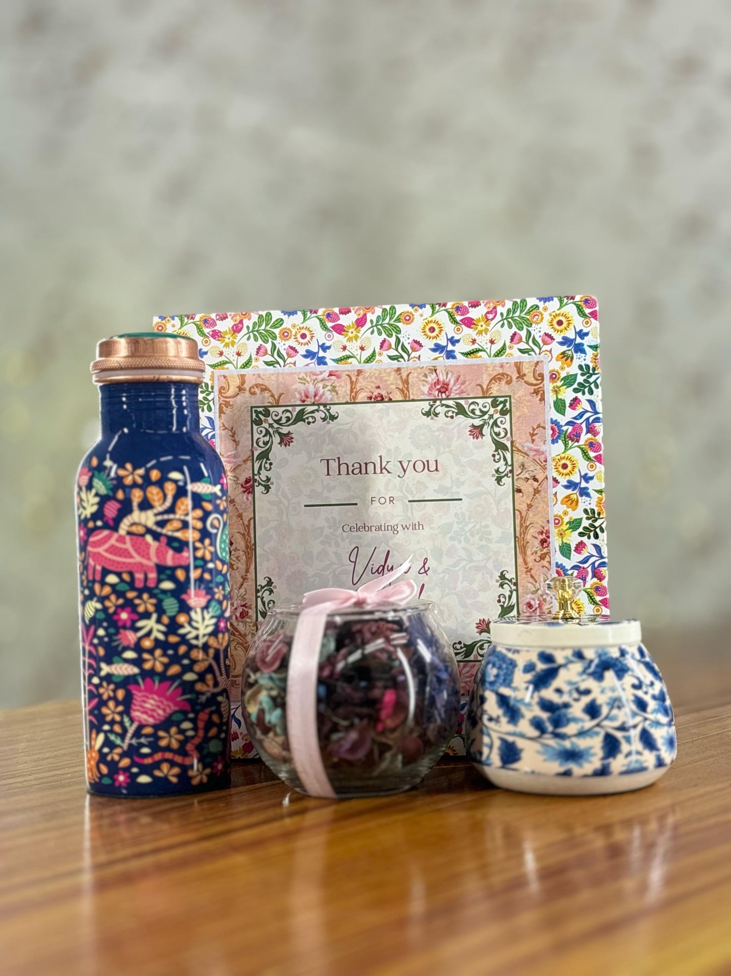 Printed Copper Bottle Gift Set Return Gift | Cone Jar & Potpourri Bowl Combo | Wedding & Housewarming Favor Under ₹1200
