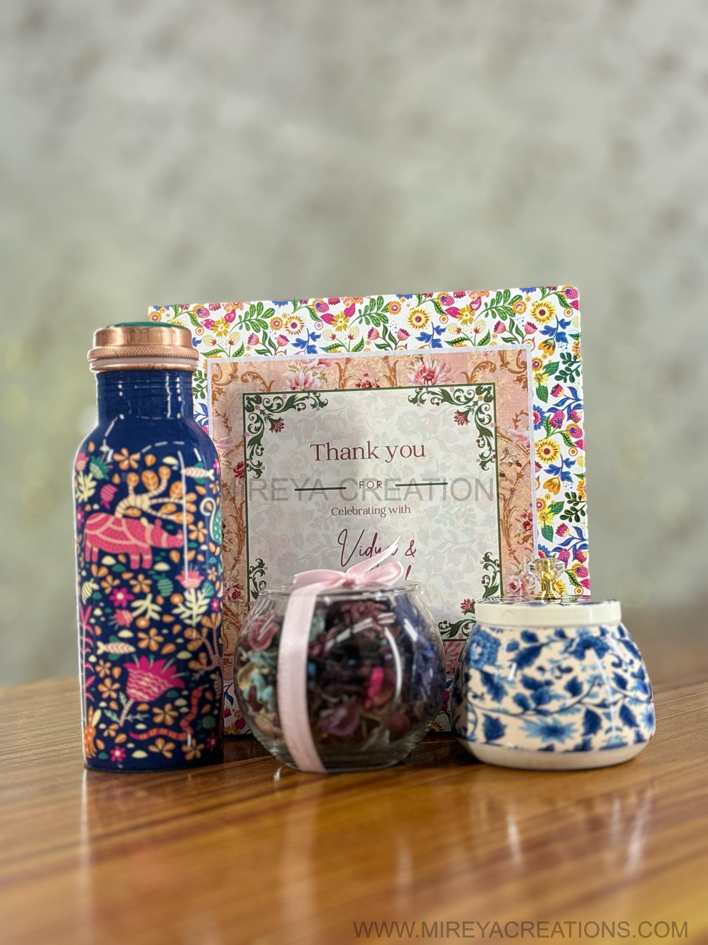 Printed Copper Bottle Gift Set Return Gift | Cone Jar & Potpourri Bowl Combo | Wedding & Housewarming Favor Under ₹1300