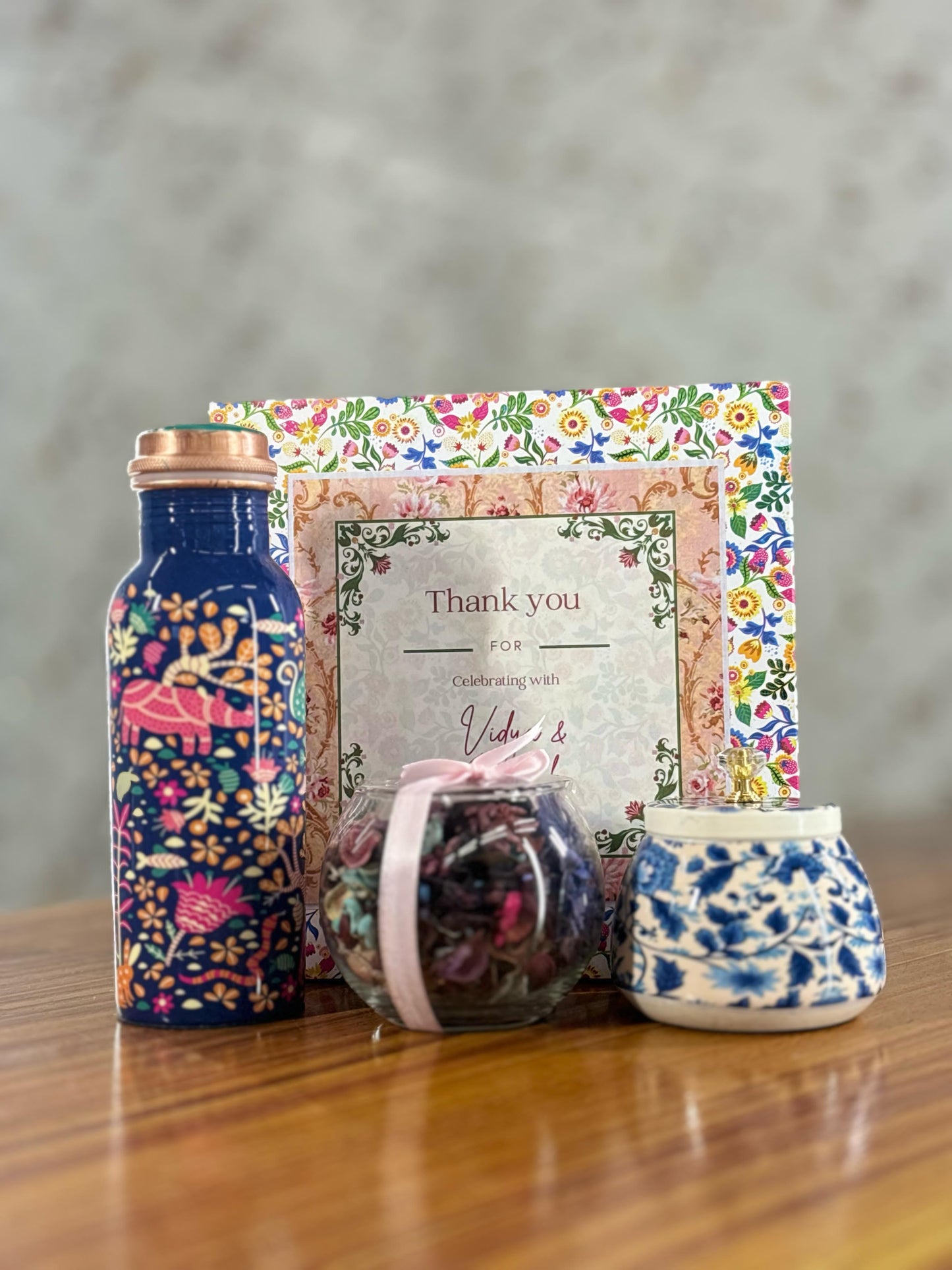 Printed Copper Bottle Gift Set Return Gift | Cone Jar & Potpourri Bowl Combo | Wedding & Housewarming Favor Under ₹1200