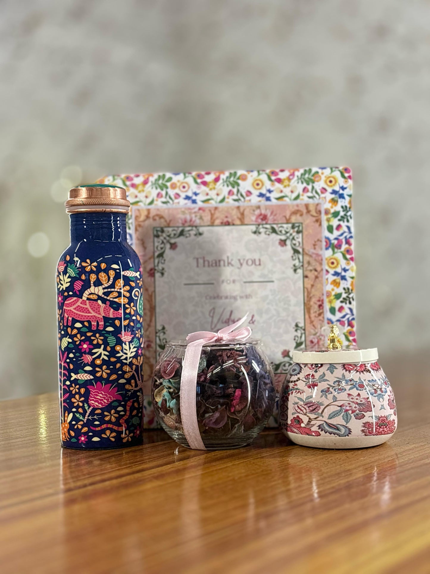 Printed Copper Bottle Gift Set Return Gift | Cone Jar & Potpourri Bowl Combo | Wedding & Housewarming Favor Under ₹1200
