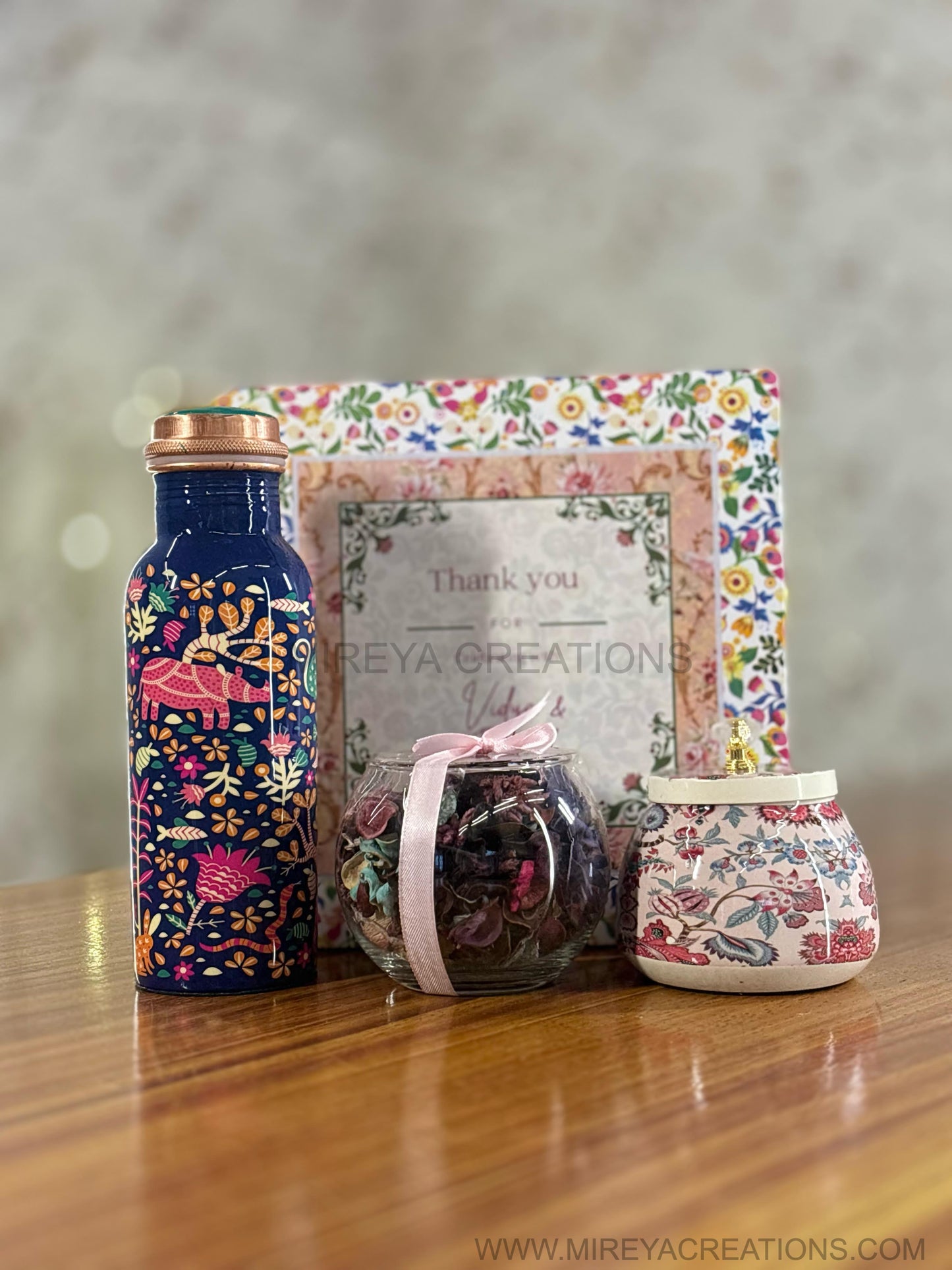 Printed Copper Bottle Gift Set Return Gift | Cone Jar & Potpourri Bowl Combo | Wedding & Housewarming Favor Under ₹1300