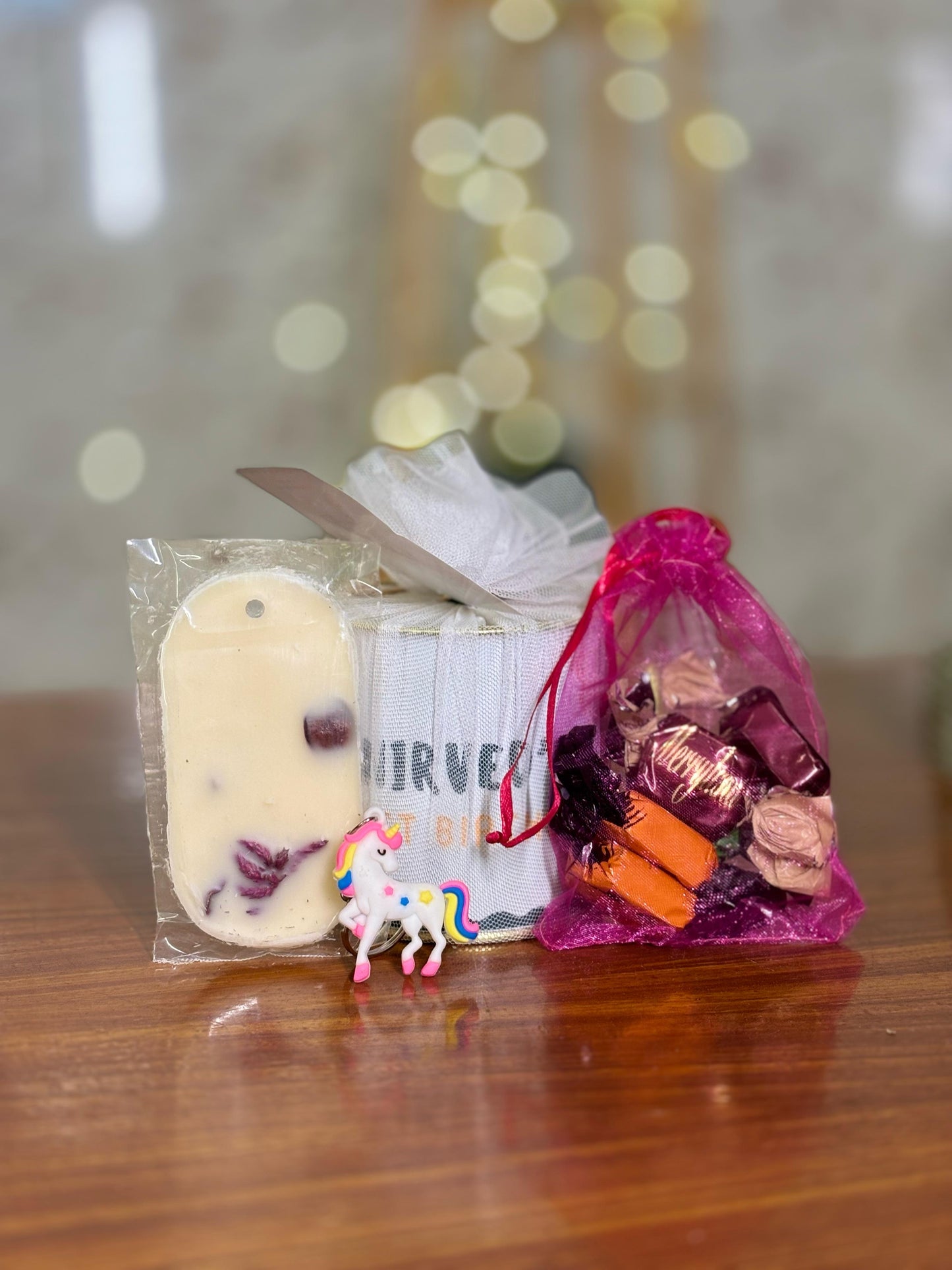 Paper Tin + Wax Tablet + Pouch of Chocolates + Keychain | Combo Return Gift | Wedding & Housewarming Favor