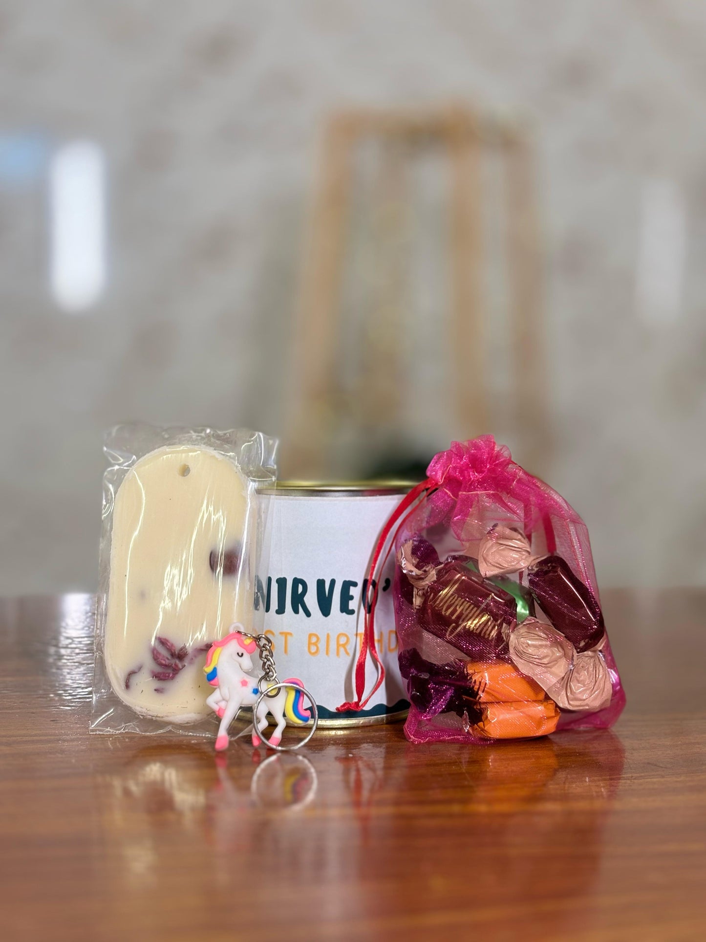 Paper Tin + Wax Tablet + Pouch of Chocolates + Keychain | Combo Return Gift | Wedding & Housewarming Favor