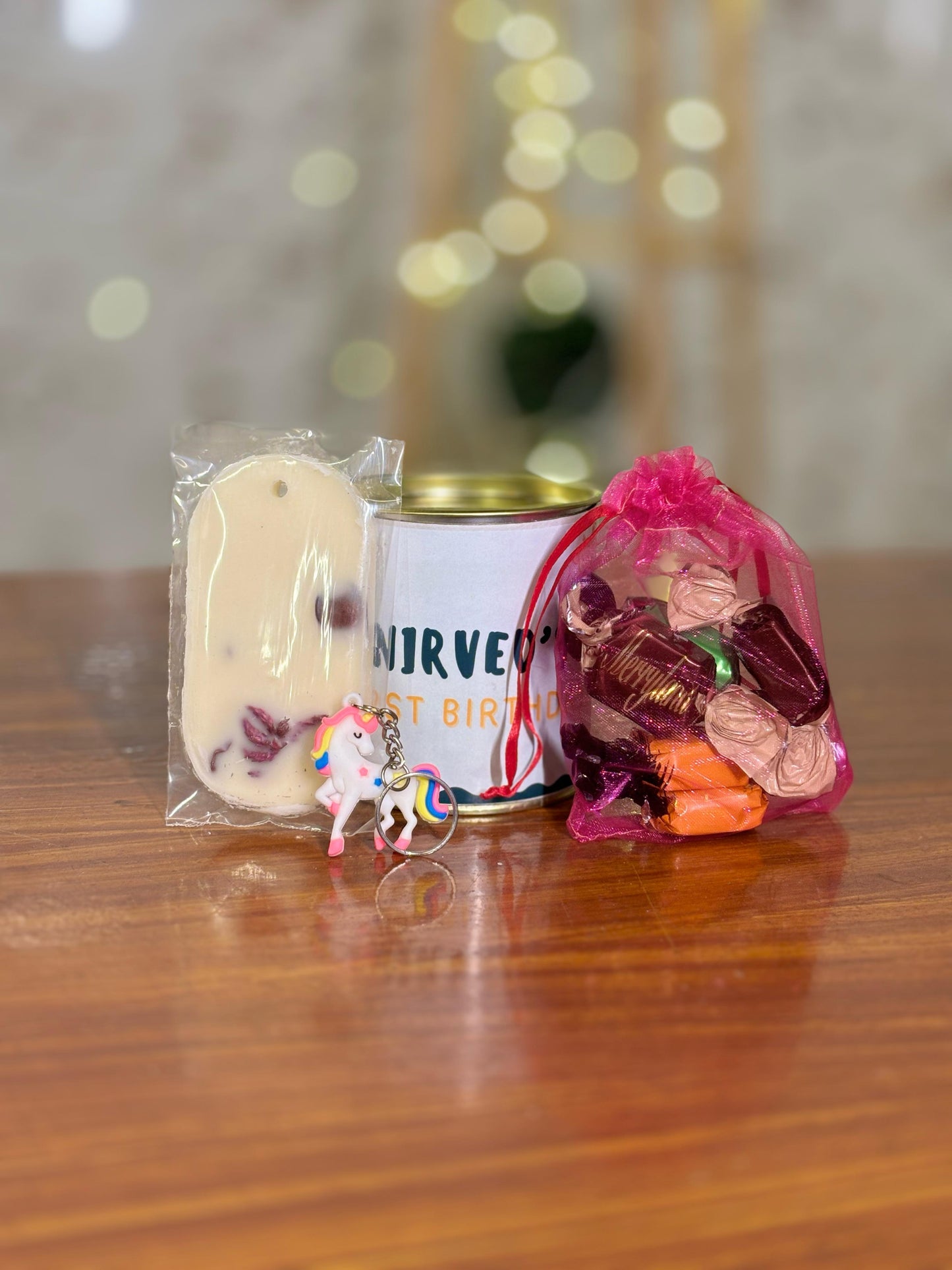 Paper Tin + Wax Tablet + Pouch of Chocolates + Keychain | Combo Return Gift | Wedding & Housewarming Favor