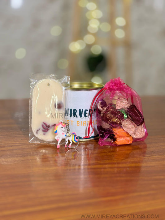 Paper Tin + Wax Tablet + Pouch of Chocolates + Keychain | Combo Return Gift | Wedding & Housewarming Favor