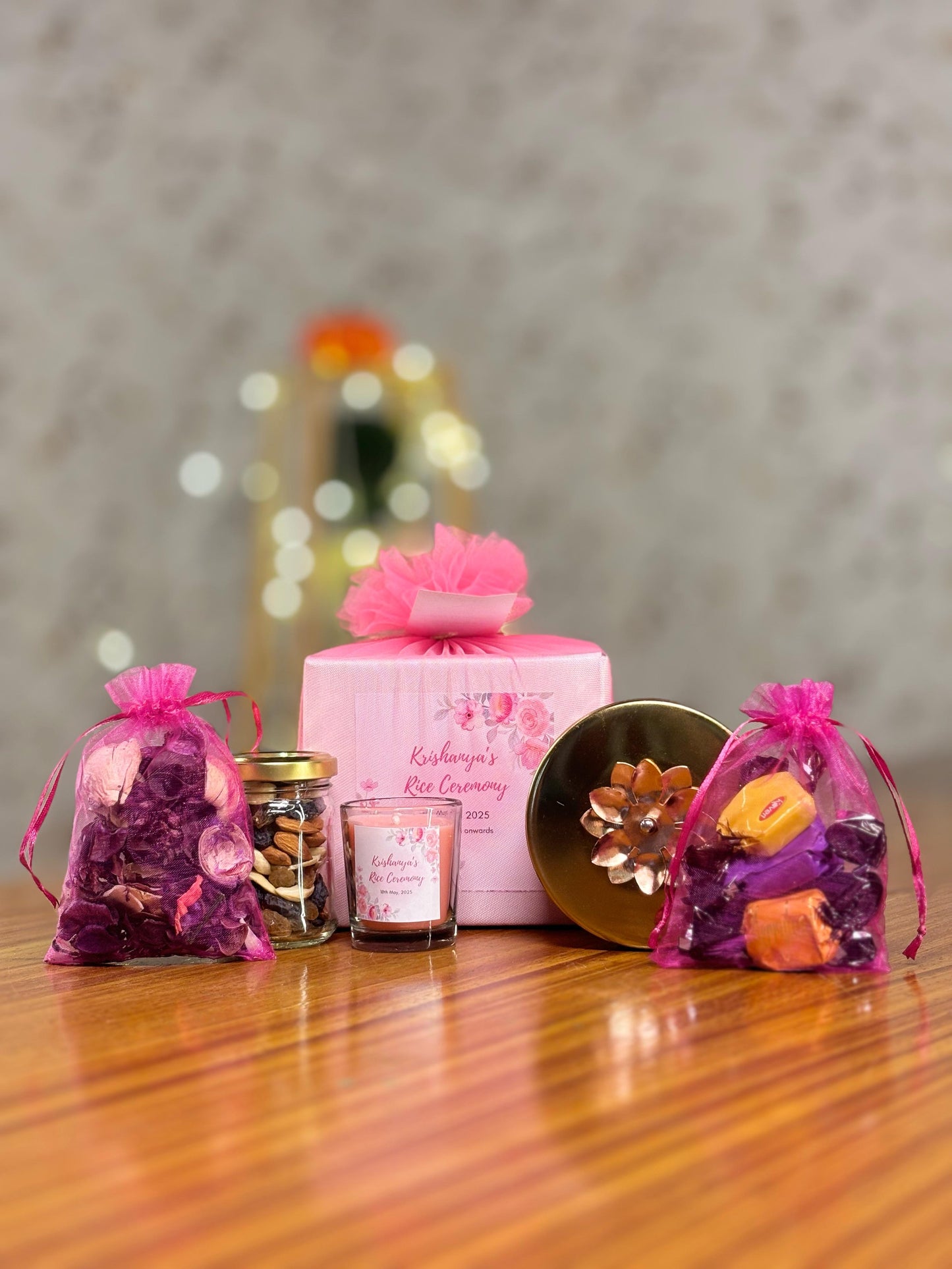 Brass Round Jar Return Gift Set | Scented Potpourri, Nuts Jar, Shot Candle & Chocolates | Wedding & Festive Favor Under ₹500