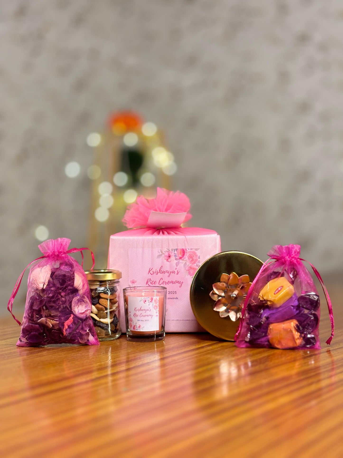 Brass Round Jar Return Gift Set | Scented Potpourri, Nuts Jar, Shot Candle & Chocolates | Wedding & Festive Favor Under ₹500
