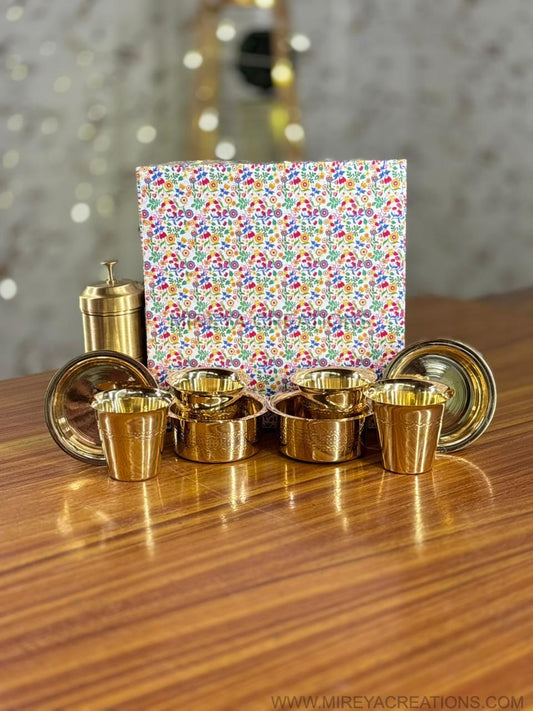 Brass Coffee Filter & 4pcs Brass Kolam Dabara Set Return Gift | Traditional Brass Coffee Set | Wedding & Housewarming Favor Under ₹3500