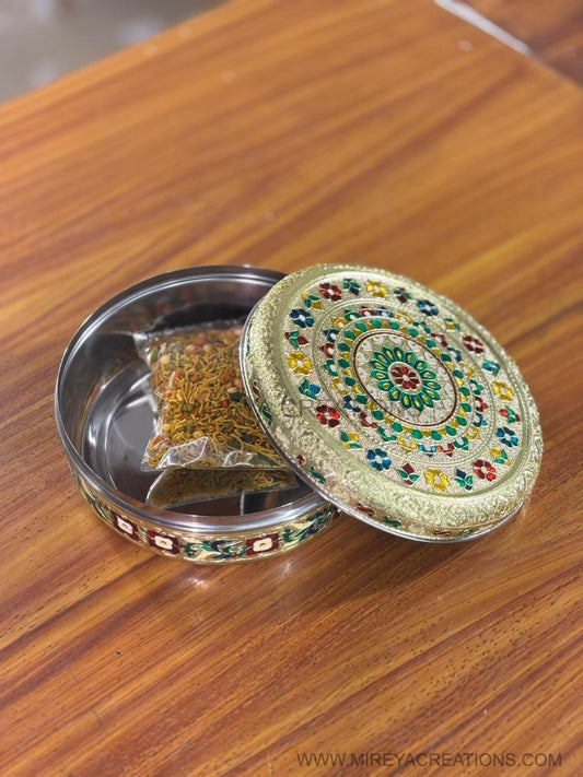 8 Inch Meenakari Box with Mixture Return Gift | Traditional Meenakari Gift Box With Namkeen Mix | Wedding & Puja Favor Under ₹500