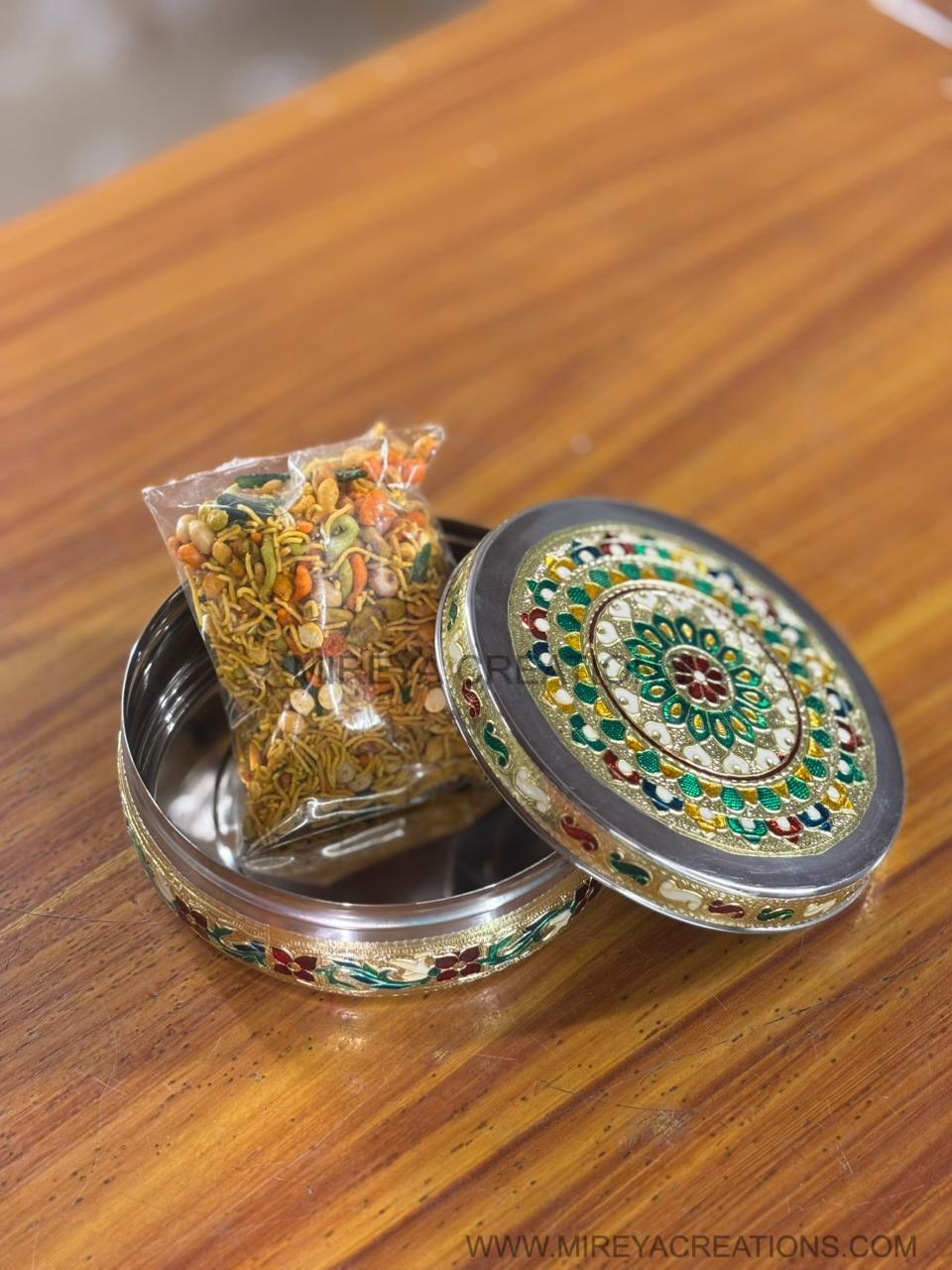 6 Inch Meenakari Box with Mixture Return Gift | Traditional Meenakari Box With Savory Mix | Wedding & Housewarming Favor Under ₹500