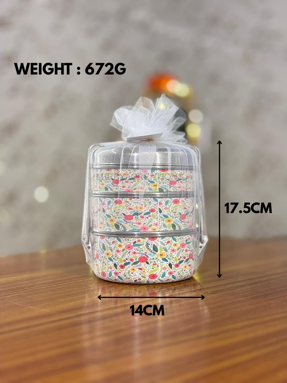 3-Tier Stainless Steel Printed Tiffin Carrier Return Gift | Lunch Box Gift Under ₹1200 | Wedding & Housewarming Favor